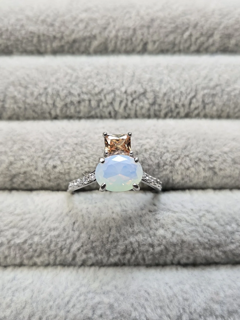Bomb Party Ring Sz 7 RBP7477 ‘Journey Beyond’ White Opal & Smokey Topaz/Rhodium